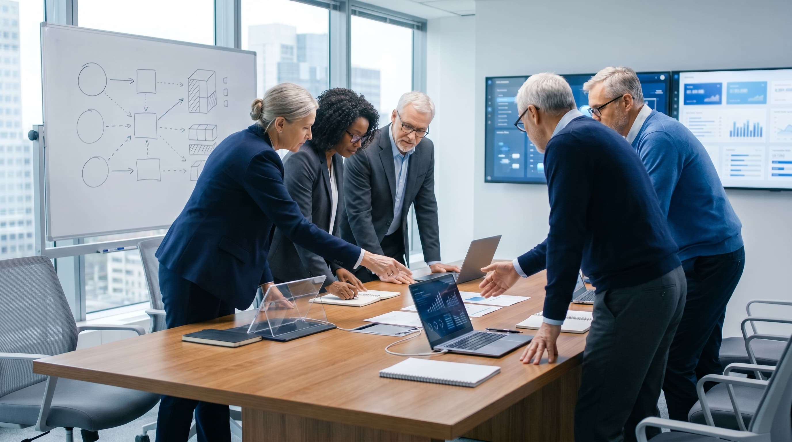 Senior team aligning strategy, campaigns, landing pages, tracking, and revenue analysis