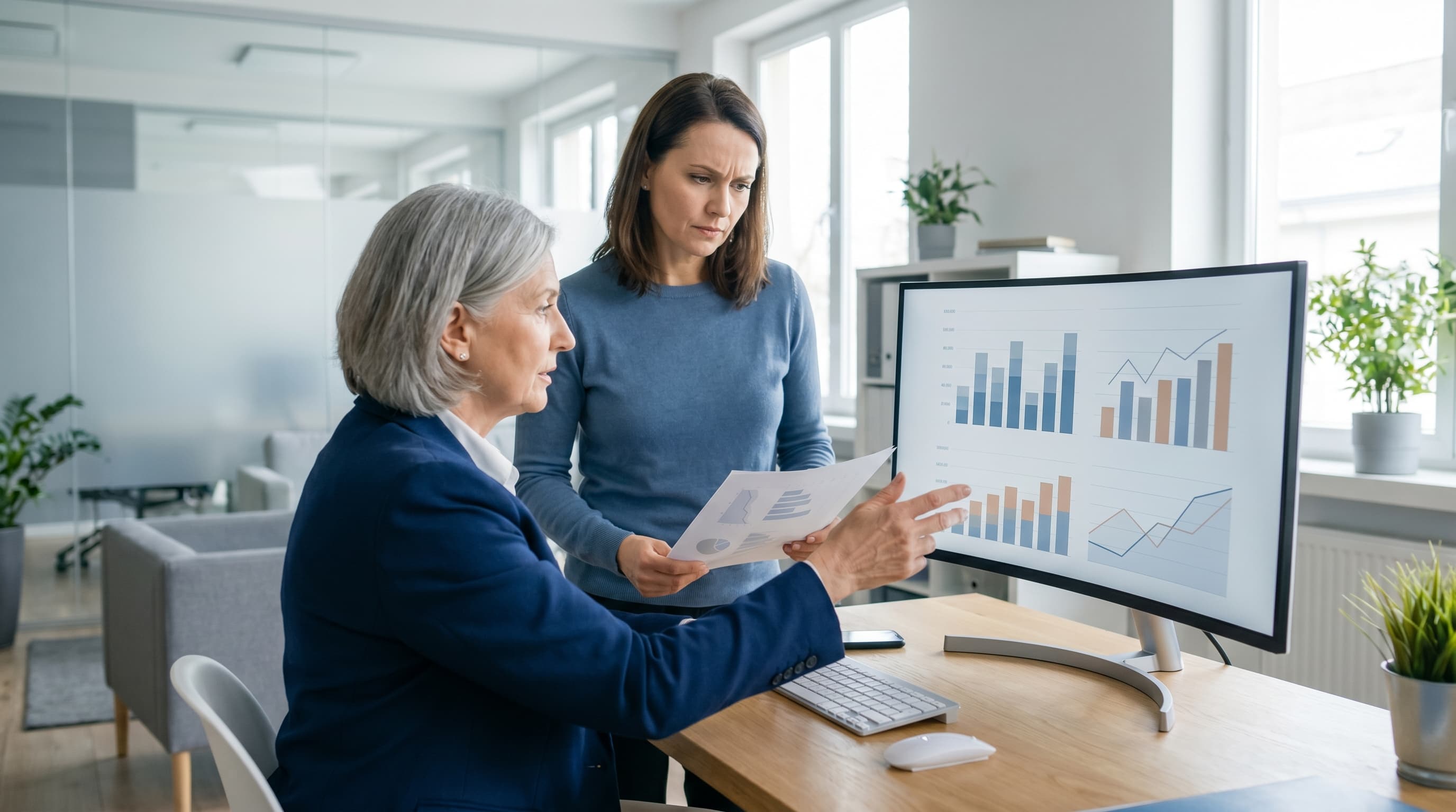 Senior marketer and business owner reviewing acquisition and revenue dashboards