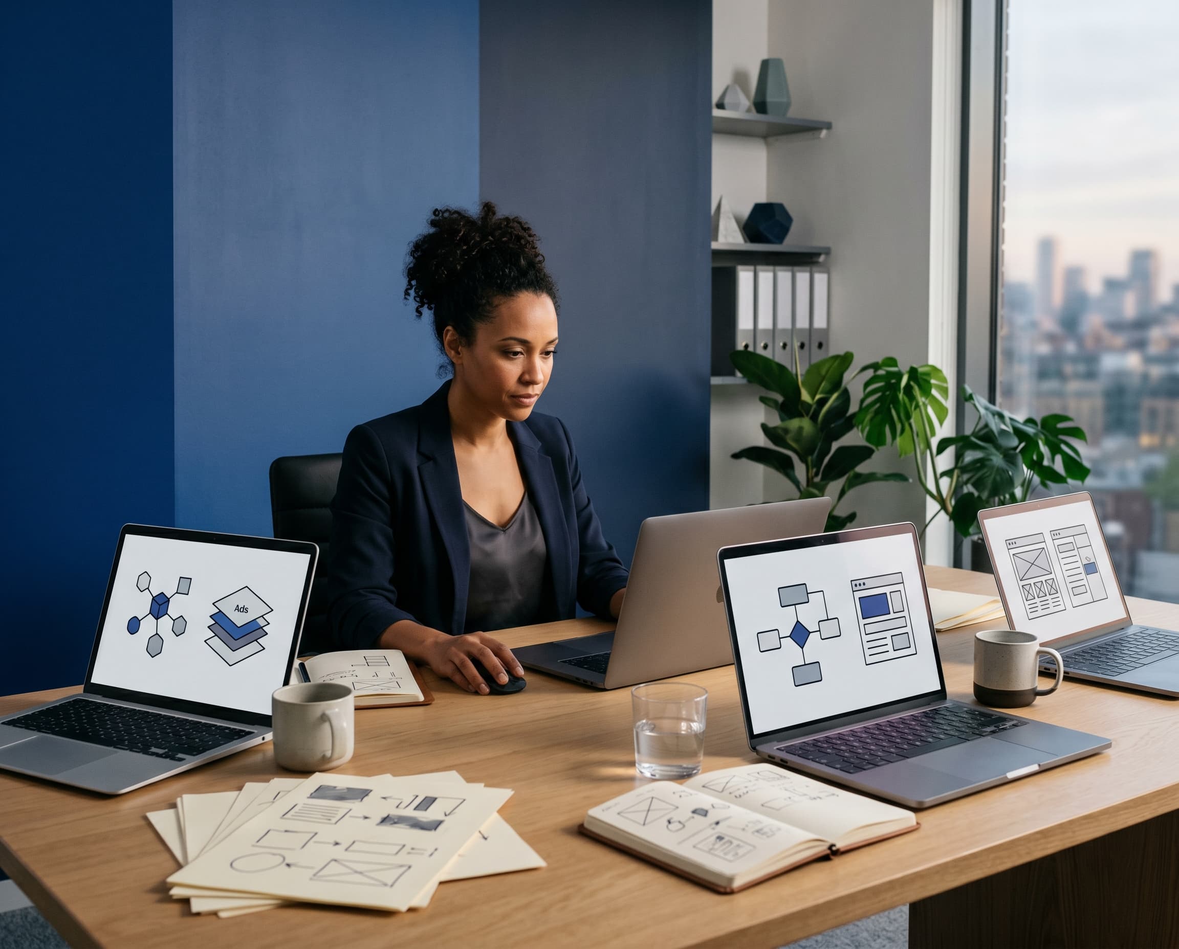 Senior team mapping strategy, campaigns, landing pages, and tracking as one connected growth system