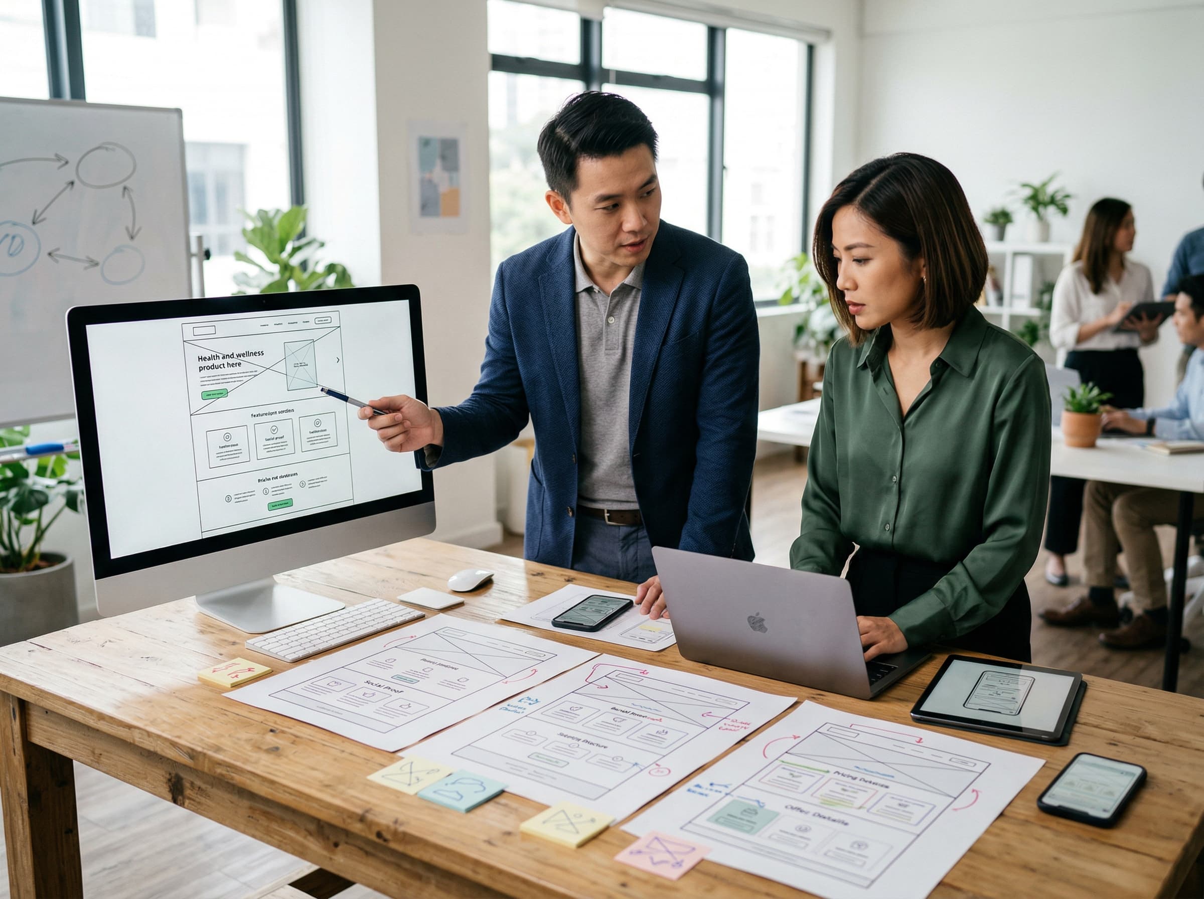 Asian strategist and designer reviewing a health and wellness landing page and conversion wireframes