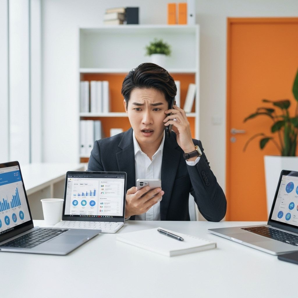 Exhausted business owner with marketing challenges